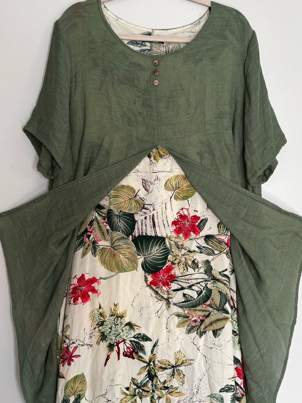 Hekka NWT Olive Green Layered Tunic Over Floral Dress Botanical 3XL